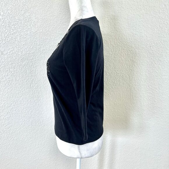 Talbots Top Womens Small Petite Black Beaded Neck 3/4 Sleeve Round Neck Casual - Picture 6 of 9